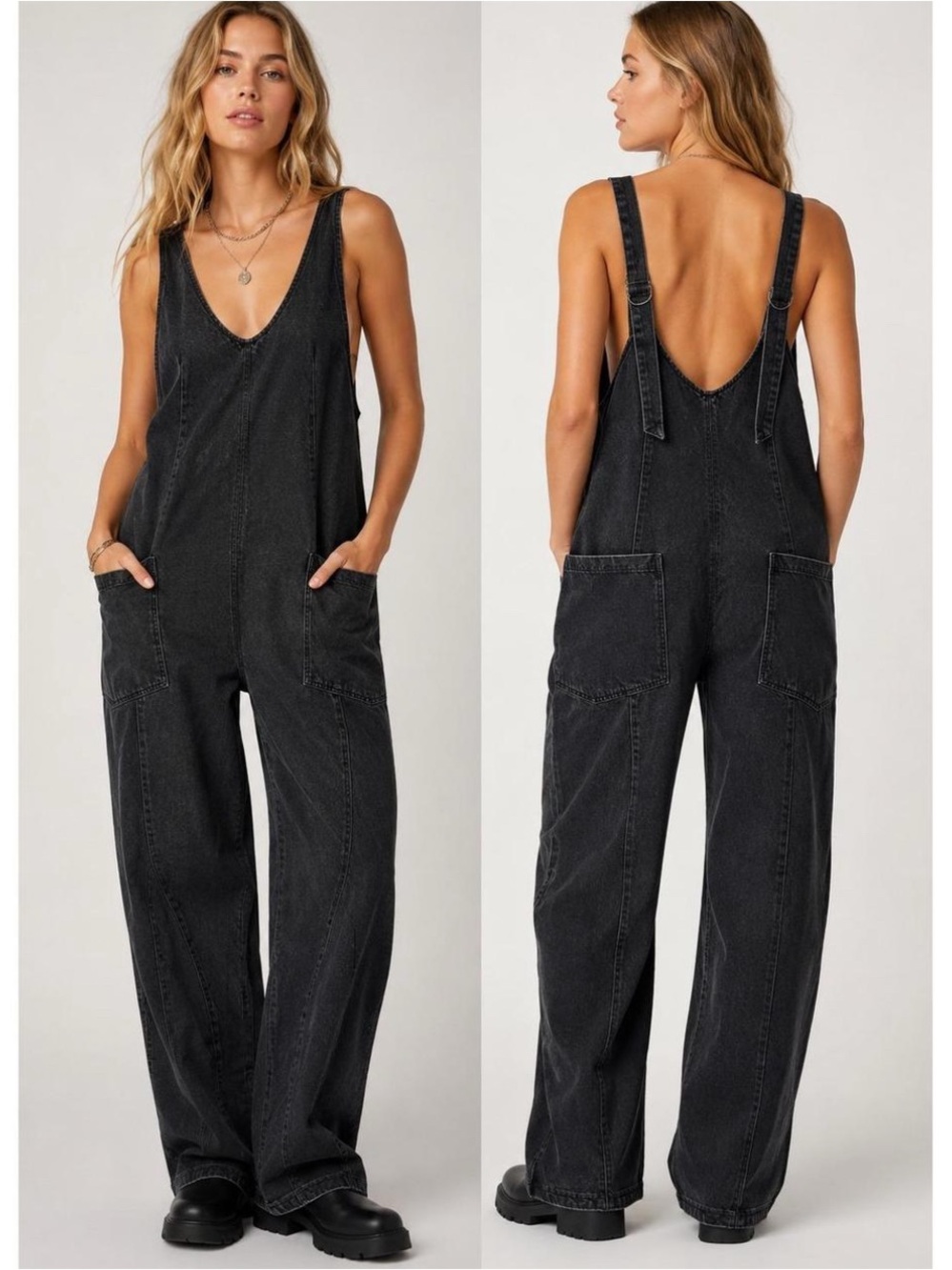 We the free high roller barrel leg overalls washed black new without tags